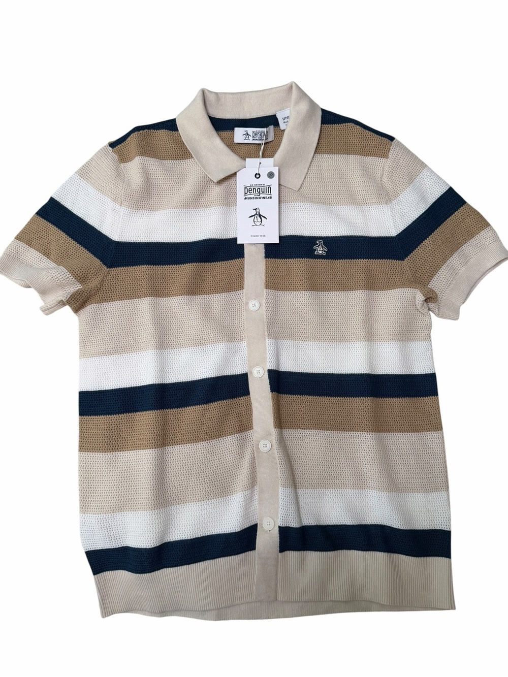 Original Penguin Beige, Navy & White Striped men’s Polo Cardigan